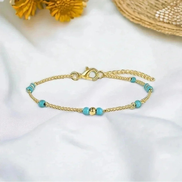 Turquoise Bead Bohemian Gold Anklet Bracelet - Picture 2 of 5